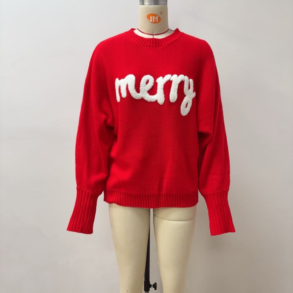 Round Neck Pullover Letter Loose Christmas Sweater, Comfortable Pullover Knit Sweater