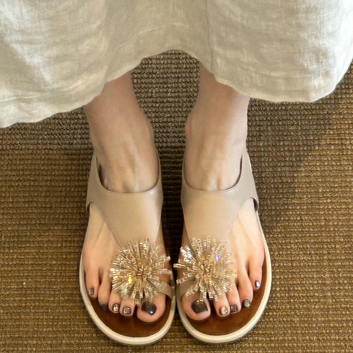Women's Fairy Style Rhinestone Decor Toe Post Flip Flops, 2026 New Summer Flat Vacation Beach Slides For Outdoor Wear