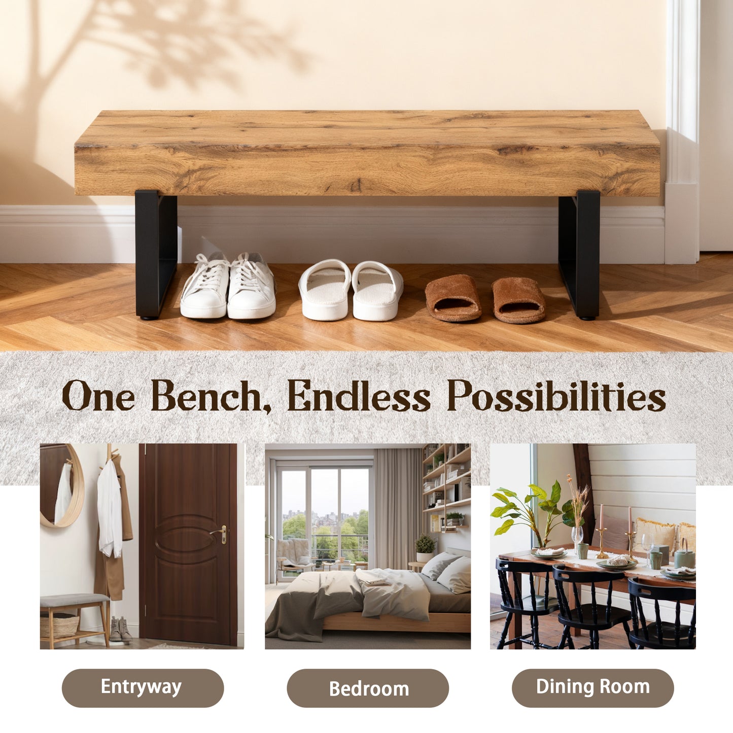 59 Wood Bench For Bedroom End Of Bed, Farmhouse Indoor Kitchen Table Benches,Versatile Modern Shoe Bench For Entryway, Natural