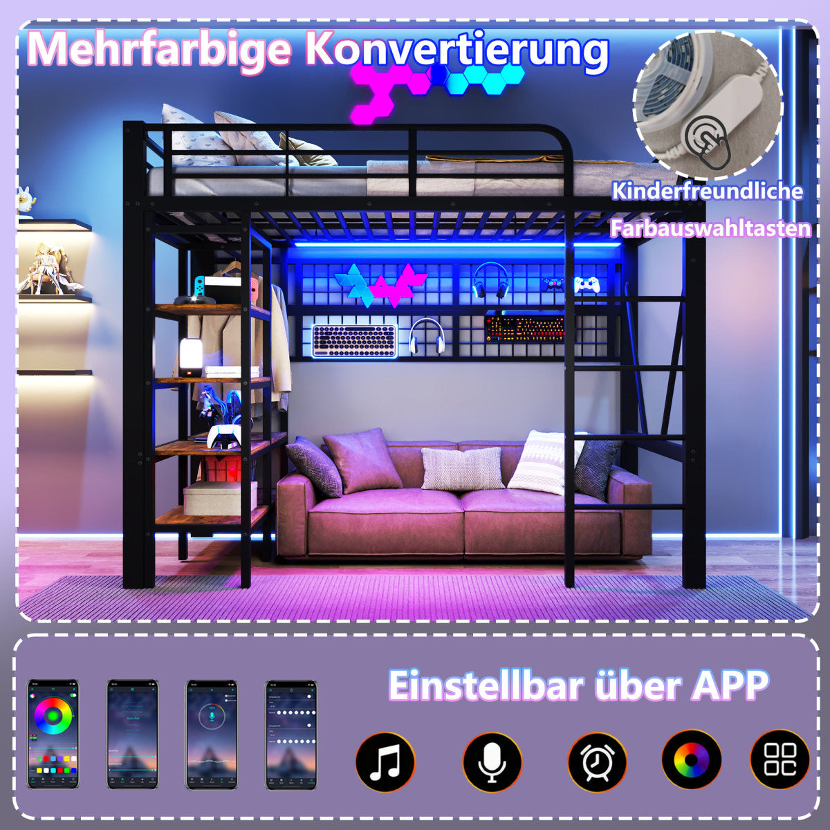 Loft Bed, 90 X 200 Cm, Iron Frame, Storage Compartment, Net For Hanging Objects, With Clothes Rail, Open Space Under The Bed, With LED Light Strip, Without Mattress, Black