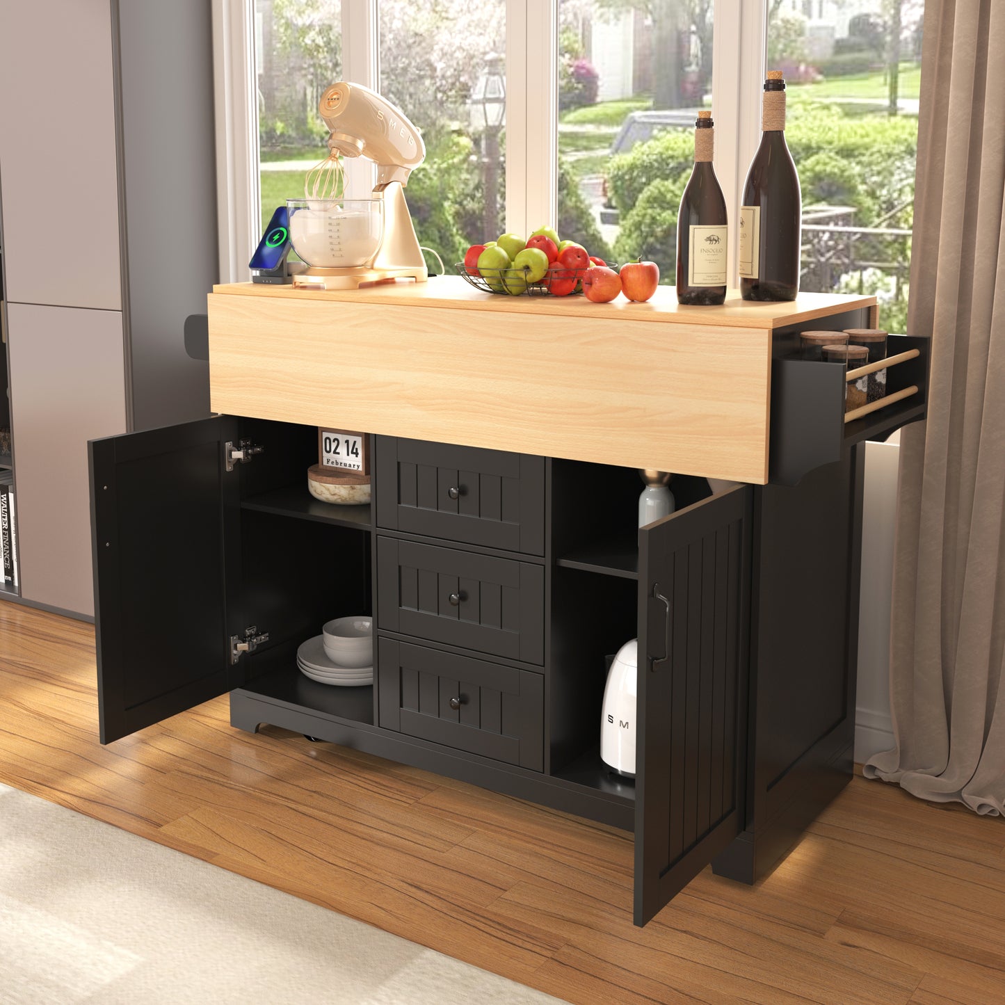K&K 55.7 Large Kitchen Island With 2 Drop Leaf,, Rolling Kitchen Cart On 5 Wheels With Power Outlet, Folding Storage Dining Table With Spice & Towel Rack , 3 Drawers, For Kitchen, Dining Room,Black