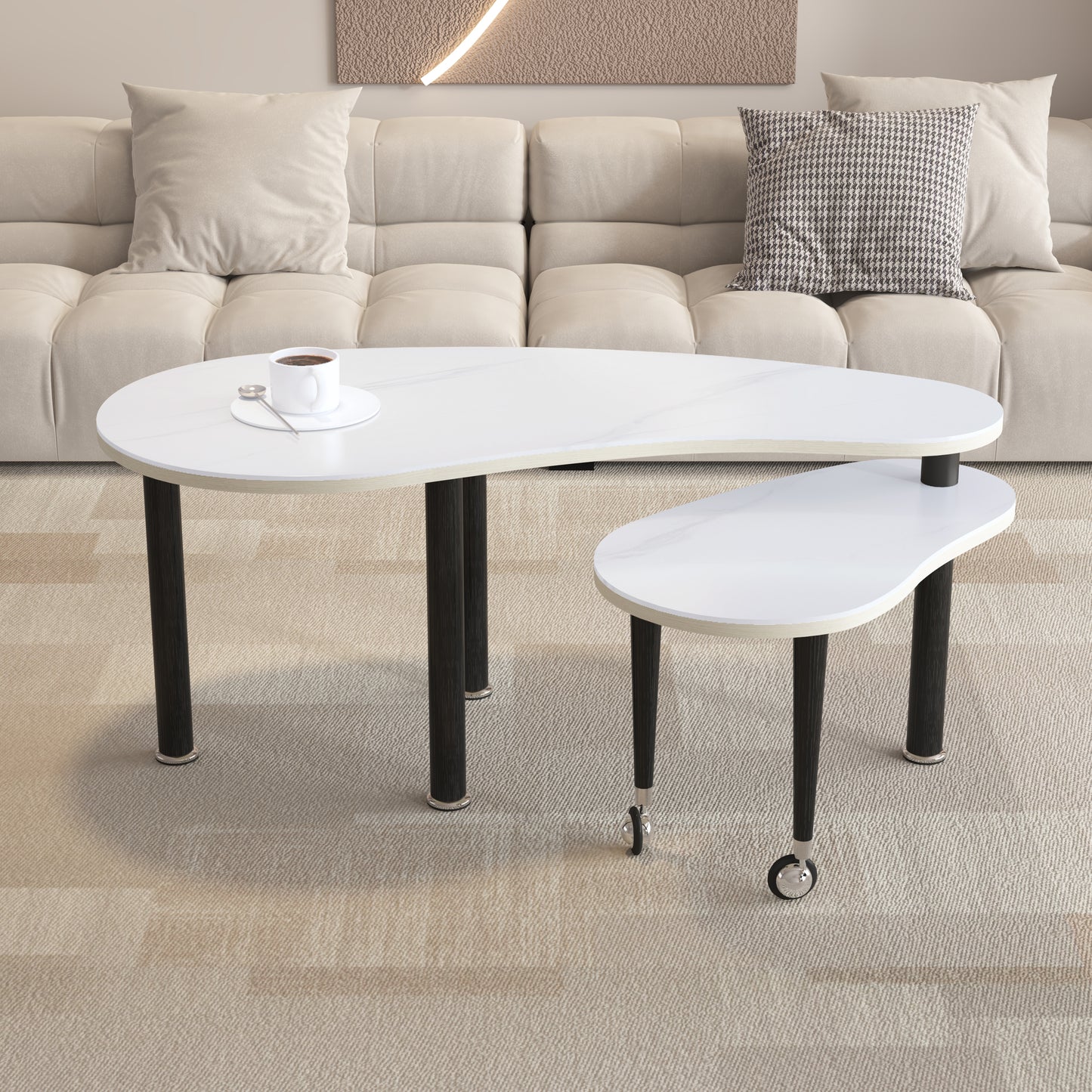 Contemporary Rotatable Cocktail Table With Solid Rubber Wood Legs, 360 Degree Rotating Coffee Table With 6mm White Sintered Stone Tabletop For Living Room, Bedroom, Balcony, Home Office