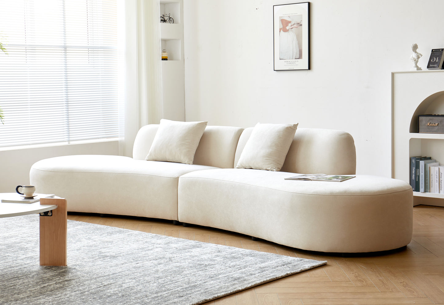 132 Curved Sofa With Throw Pillows, 6 Seater Luxury Velvet Couch With Half Moon Design And High-Density Foam, Ideal For Modern Living Room, Office & Apartment, Ivory
