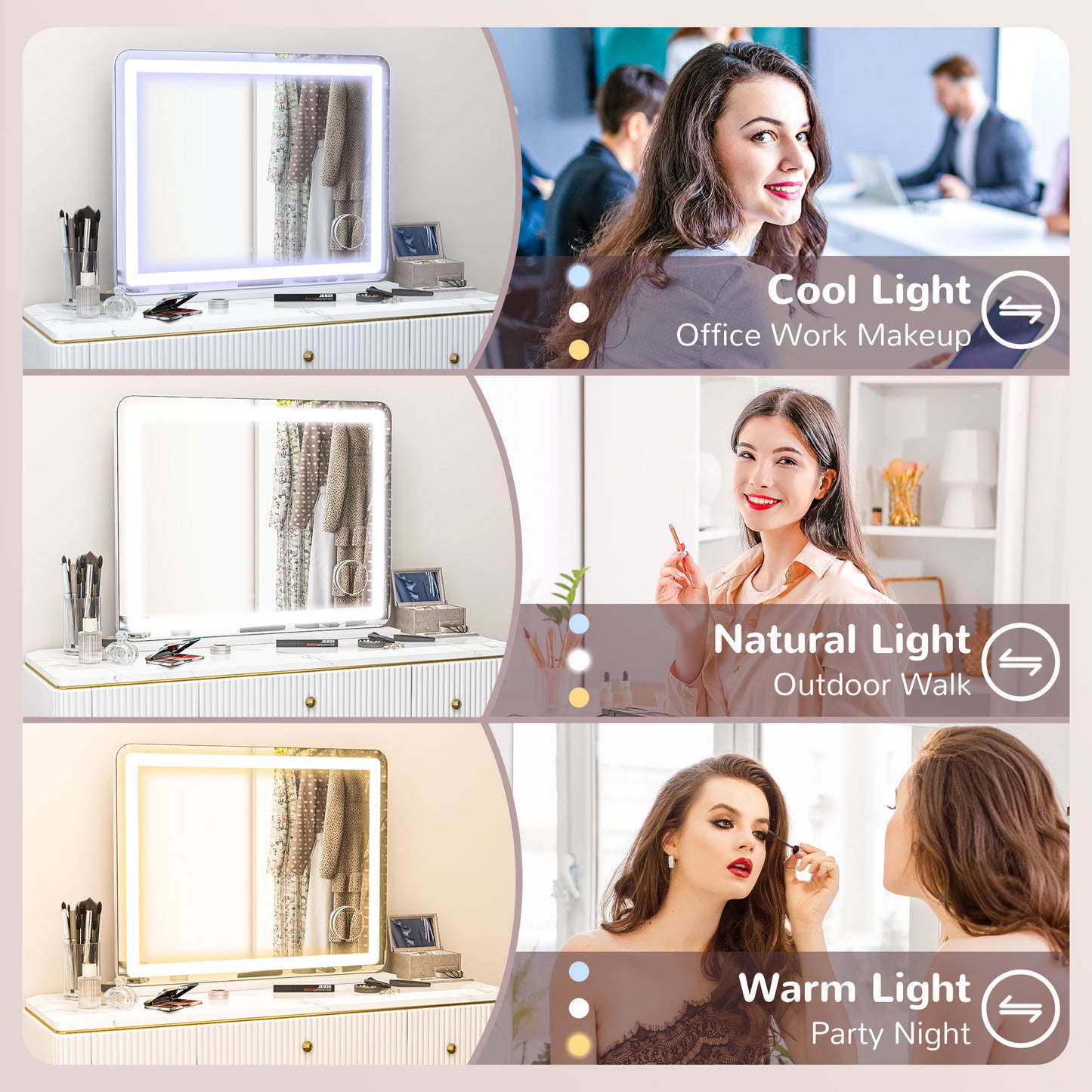 Vanity Mirror With Lights, Large 80x62 Cm Lighted Makeup Mirror With 3 Colour, 10X Magnifying, USB Charging Port, Touch Screen, Tabletop Or Wall Mounted Design, White