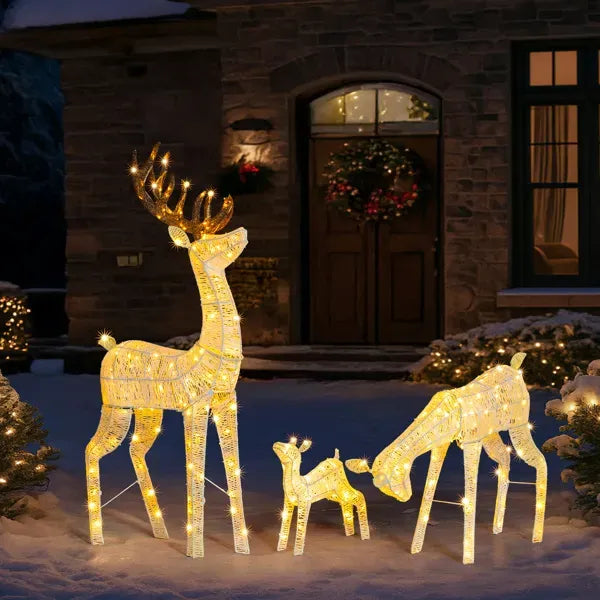 3-Piece Lighted Christmas Reindeer Family Set Outdoor Decorations, Weather Proof Deer Family Set Of 3 Christmas Ornament Home Decor Pre-lit 280 LED Warm White Lights, White