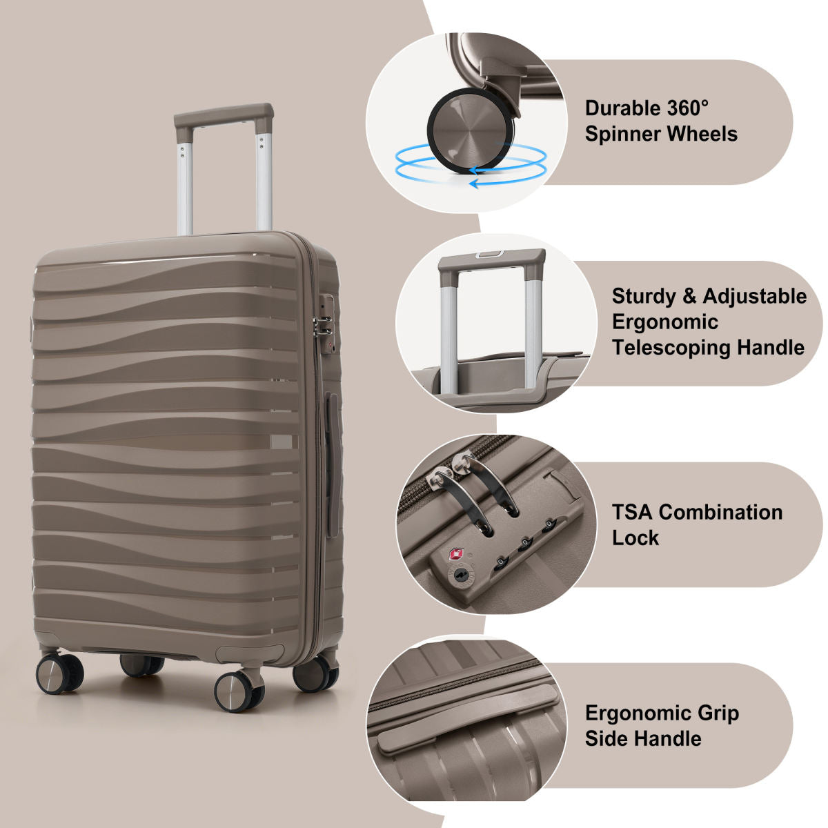Premium PP Travel Luggage Set , 3-Piece TSA Lock Suitcase Ensemble with 20, 24, and 28 Inch Sizes with 360° Spinner Wheels, light brown