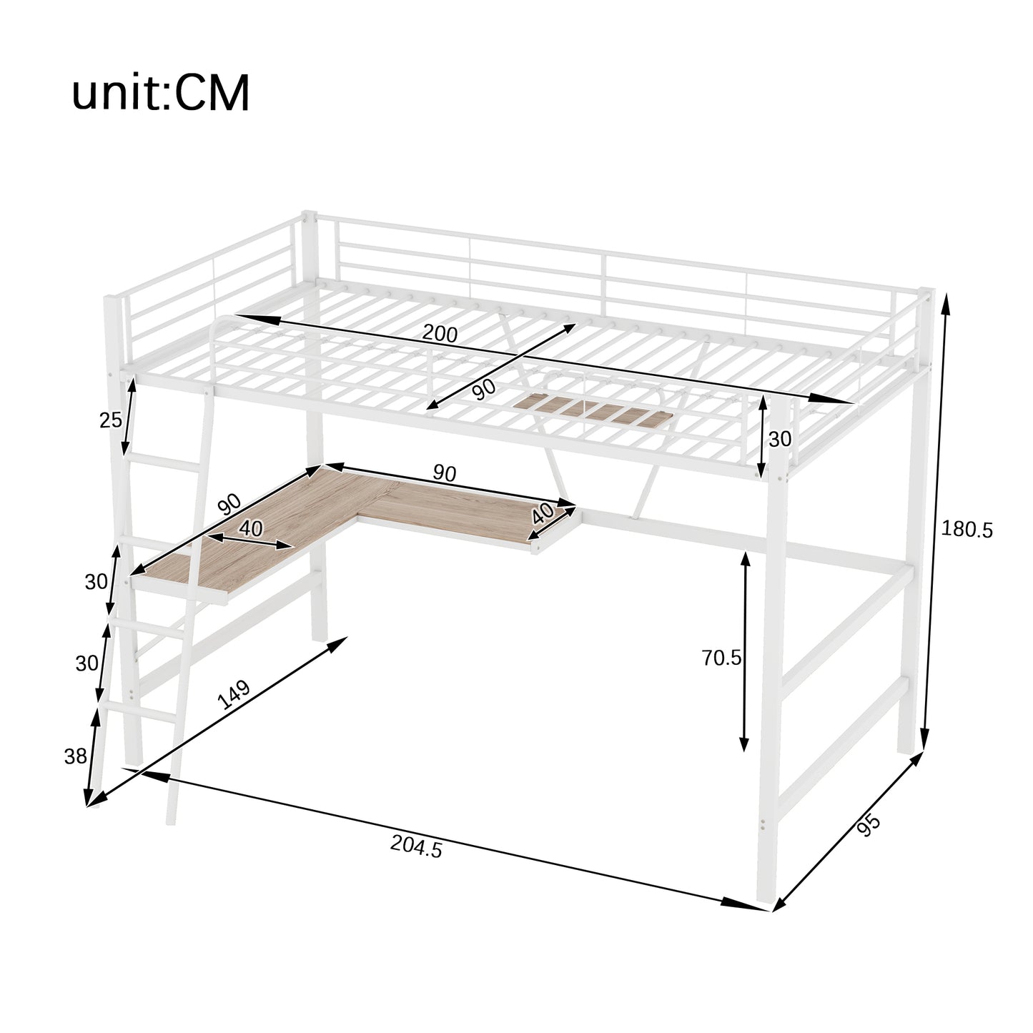 Loft Bed, 90x200cm Bed Frame Metal Bed, Iron Bed, Loft Bed With L-Shaped Desk And A Shelf For Children, Teenagers And Adults, Without Mattress, White