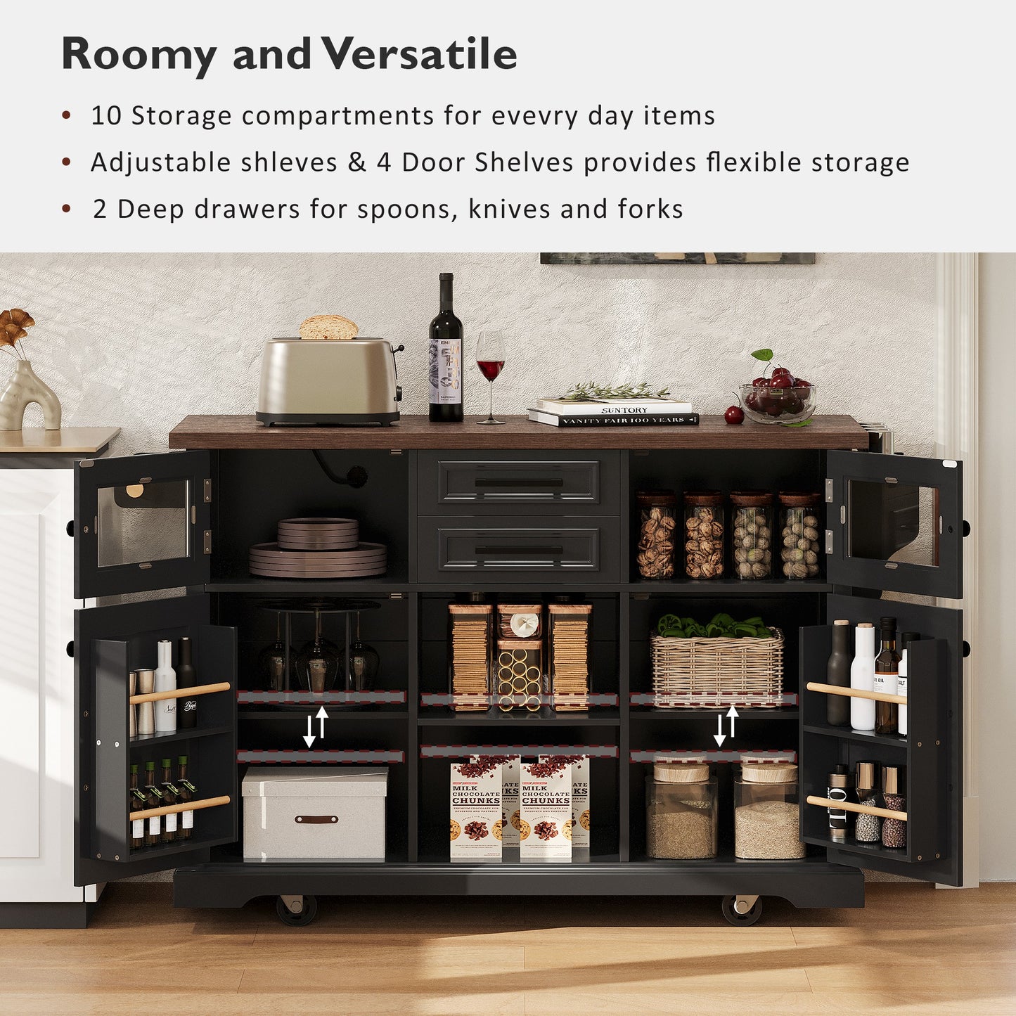 K&K 54.9 Kitchen Island With Drop Leaf, Power Outlet, Kitchen Storage Cart With 4 Door Shelves, Cross Barn Doors & Visual Glass Door, Rolling Kitchen Island On 4 Wheels For Kitchen, Dining Room,Black