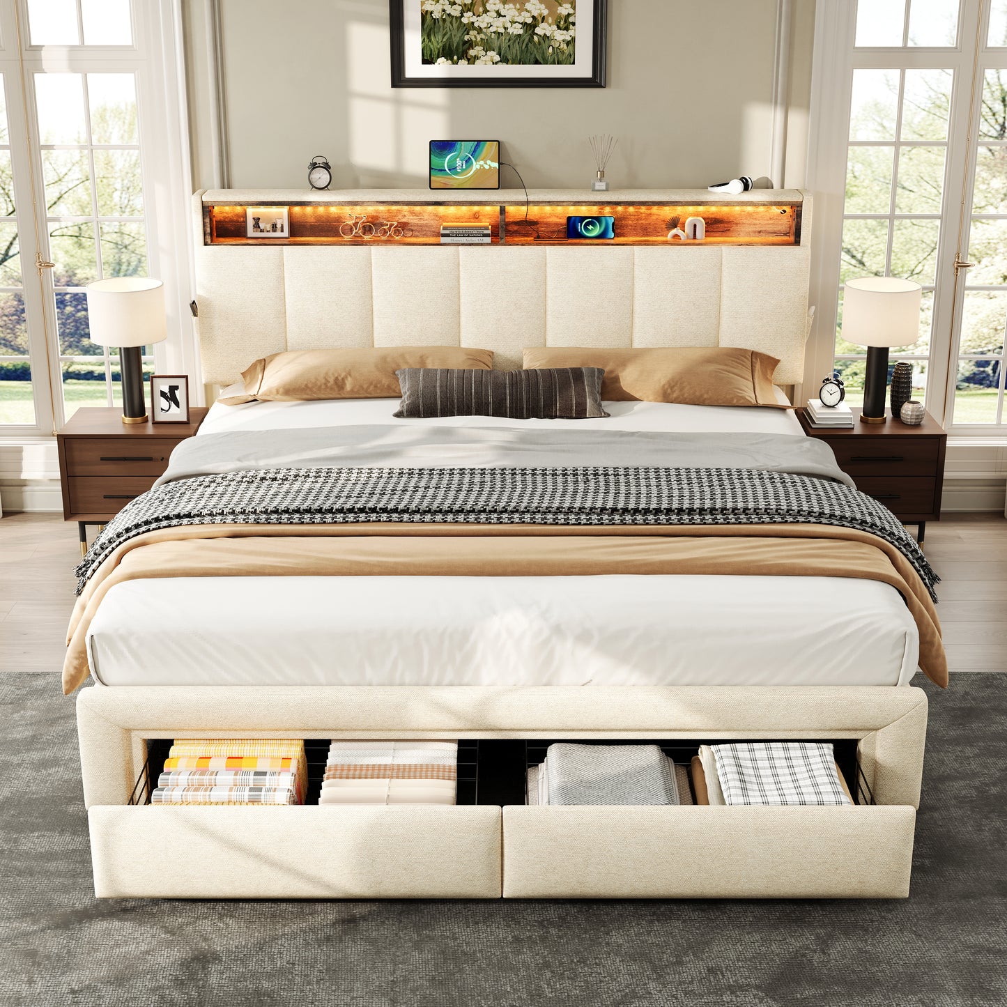 5ft King Upholstered Bed Frame With Hydraulic And Drawers Storage, LED Adjustable Headboard With Charging Station And Concealed Headboard Storage, Linen, No Box Spring Needed,Beige No Mattress