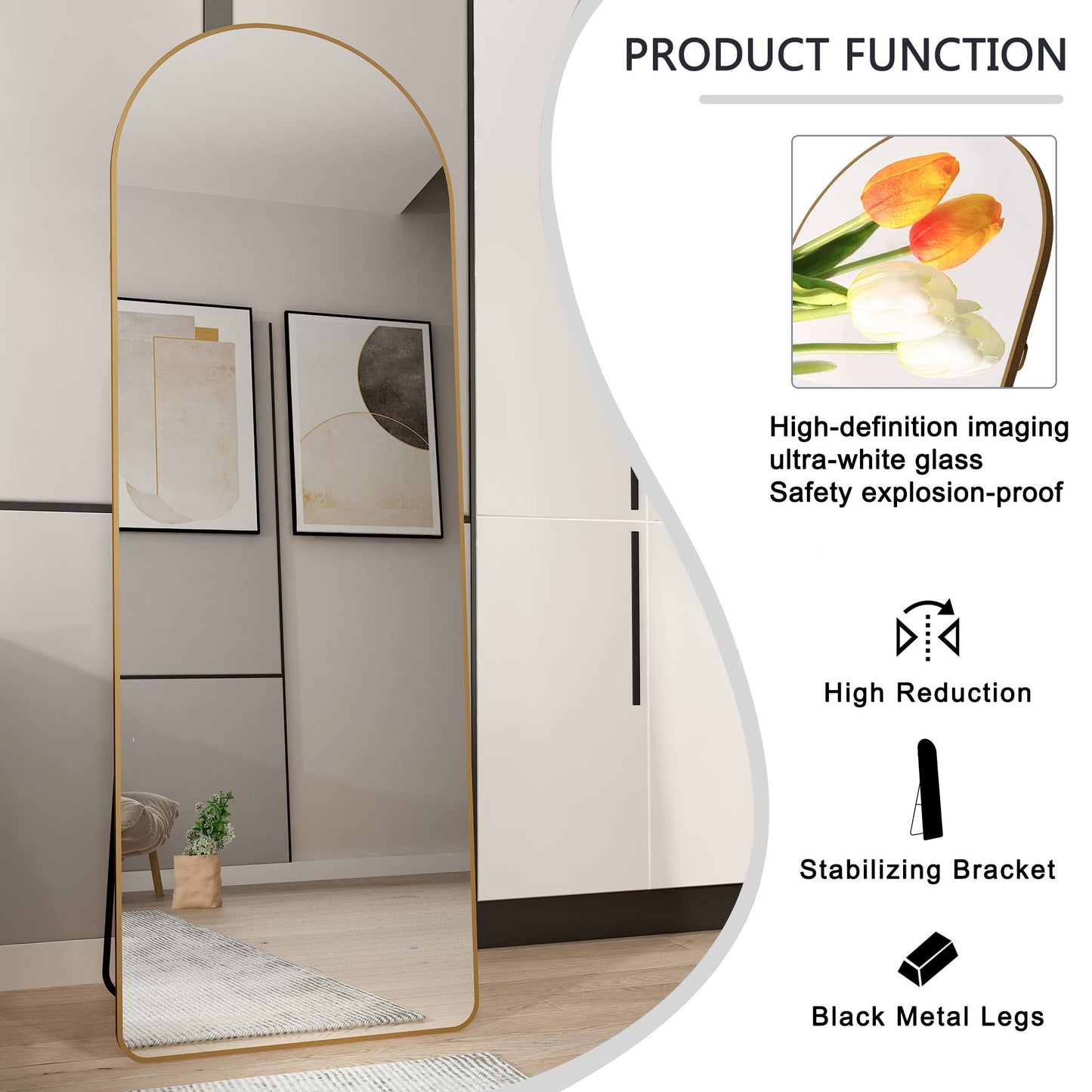 The 4st Generation Of Floor Mounted Full Length Mirrors. Aluminum Alloy Metal Frame Arched Wall Mirror, Bathroom Makeup Mirror, Bedroom Porch, Clothing Store.Gold Frame.64.9 Inx 23.2in