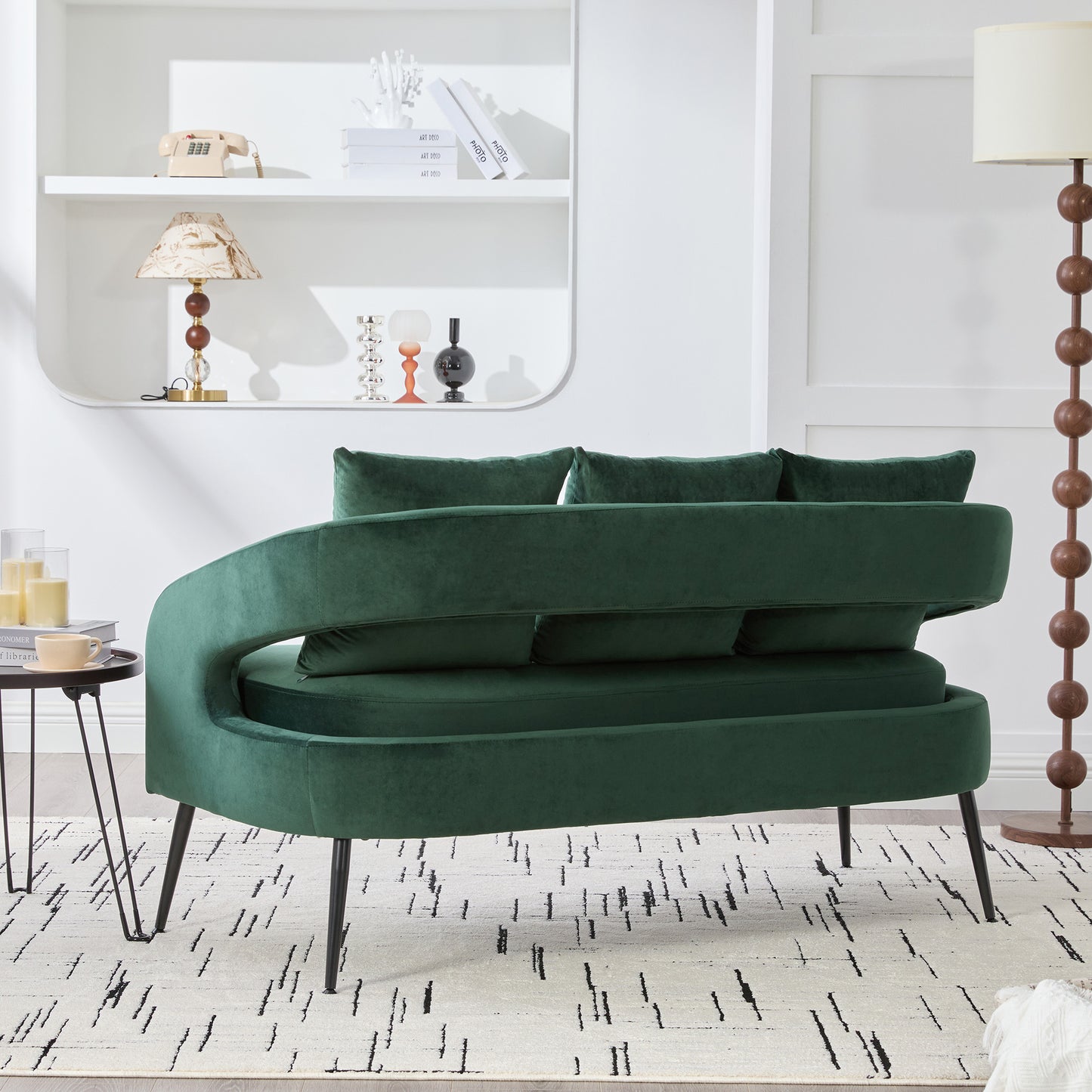53.7 Modern Upholstered Velvet Open Back Loveseat Settee With 3 Pillows, Small Comfy Sofa 2-Seater Mini Sofa For Small Space With Metal Legs, Living Room Bedroom Office Dorm Studio Apartment, Green