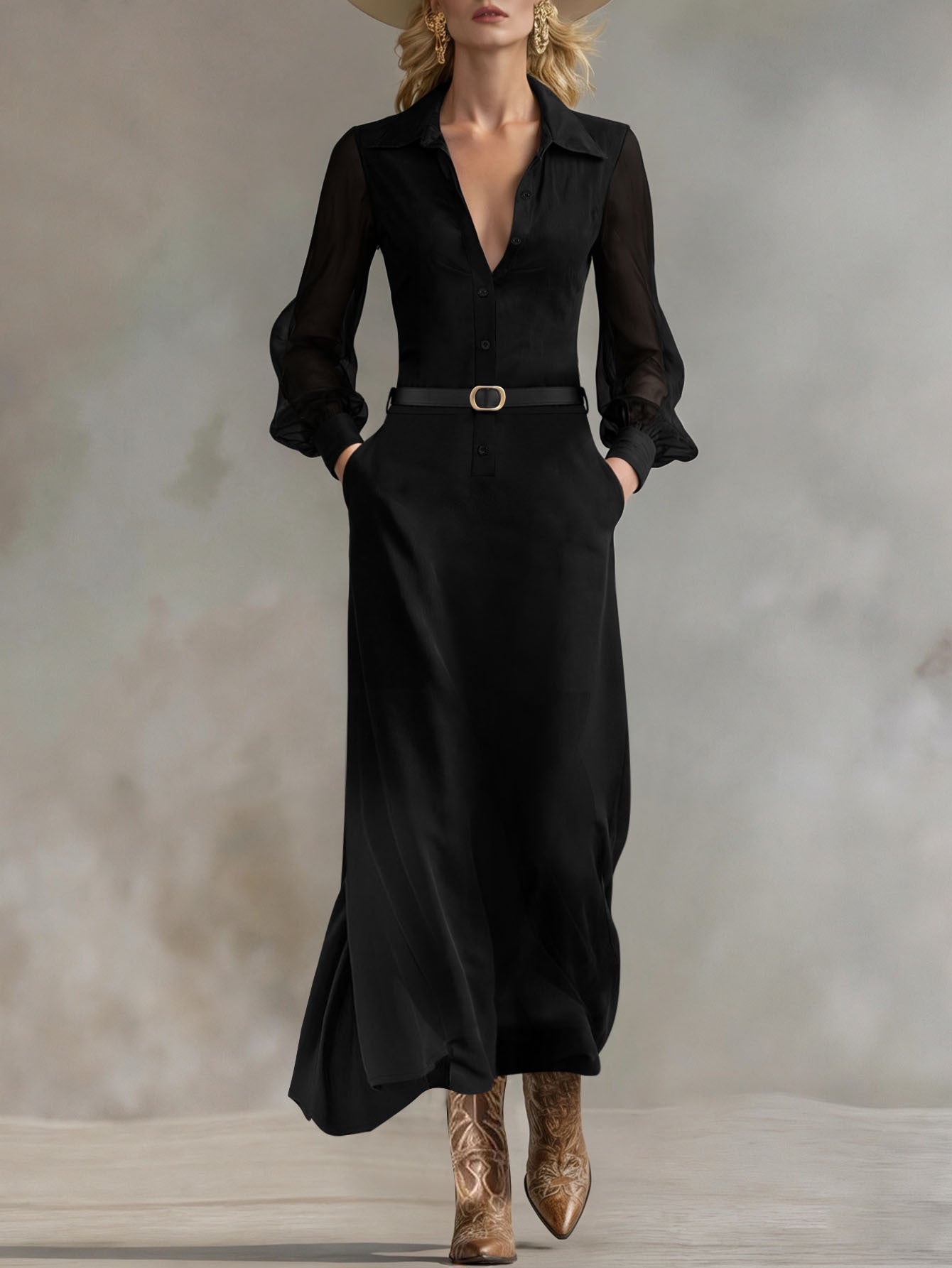 Women's Collared Neck Sheer Puff Sleeve Button Front Belted Maxi Shirt Dress Elegant Office Wear Maxi Dress