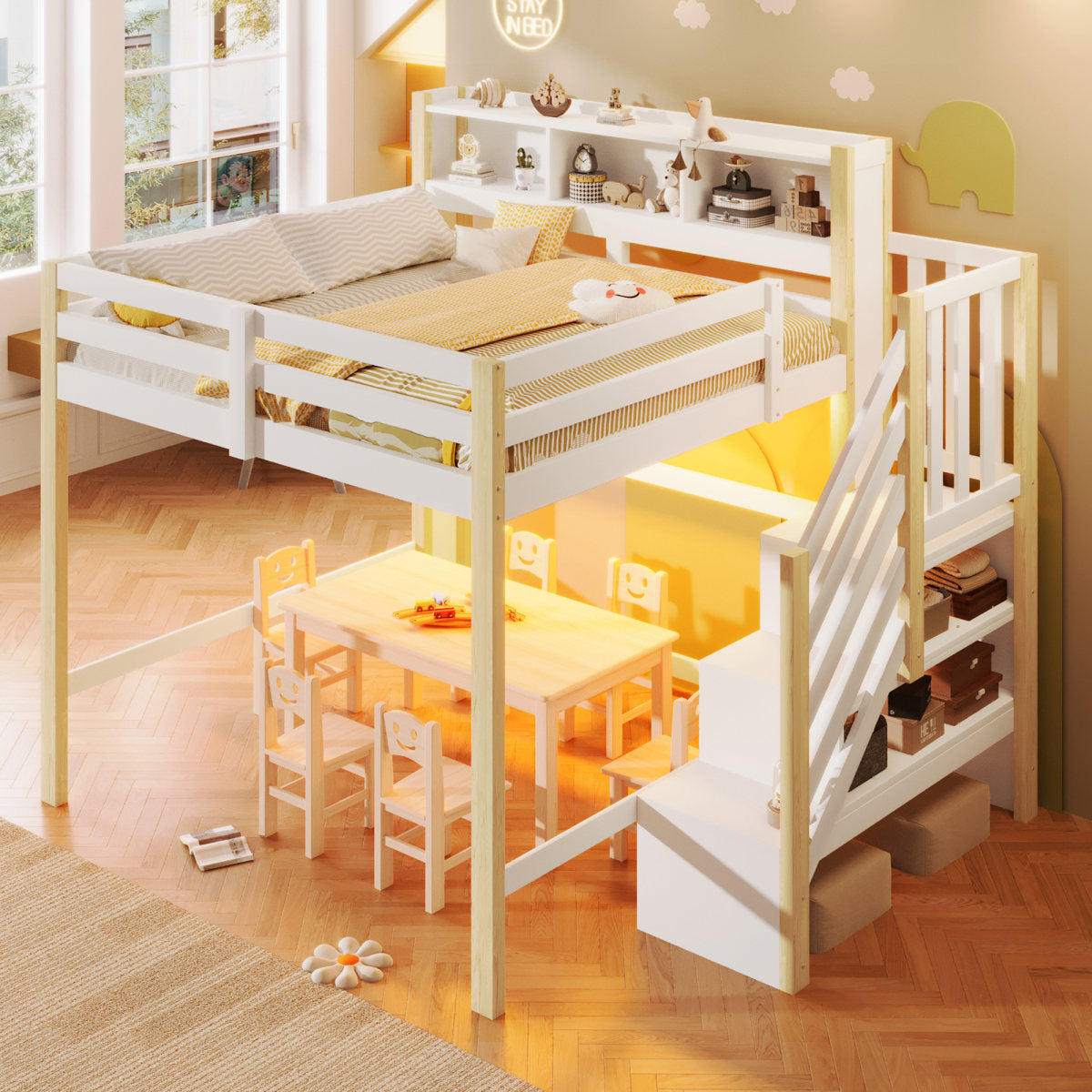 Loft Bed, 140x200cm, With LED Lights, Large Storage Space Under The Bed, Storage Ladder, Open Storage Compartment, Without Mattress, White Natural