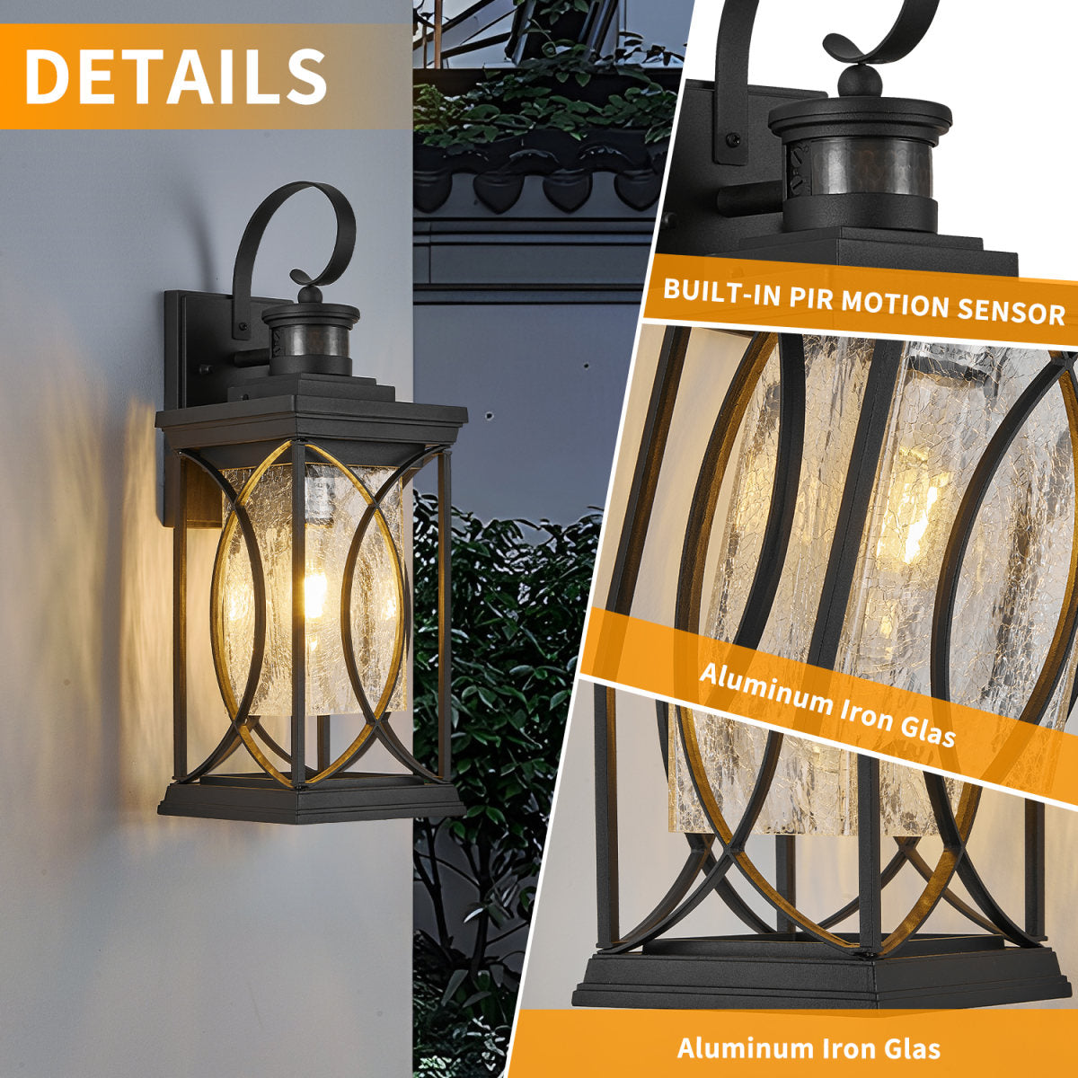 Motion Sensor Outdoor Lights Wall Mount, Dusk to Dawn Exterior Light Fixture, Anti-Rust Waterproof Outside Porch Lights with Glass & E26 Socket Wall Sconce for House Garage Patio Doorway, Black