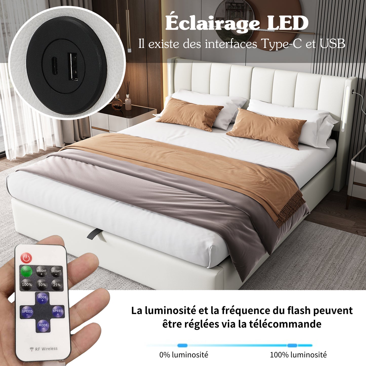 Binaural LED Upholstered Bed 140 X 190 Cm, Hydraulic Bed, Rechargeable USB Port In The Bed, With LED Lighting, With Storage Space, Adjustable Headboard, PU Pebble, White