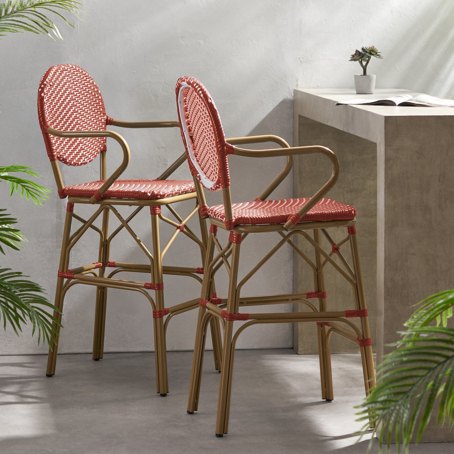 Outdoor Wicker And Aluminum 29.5 French Barstools, Set Of 2, Red, Bamboo Print Finish
