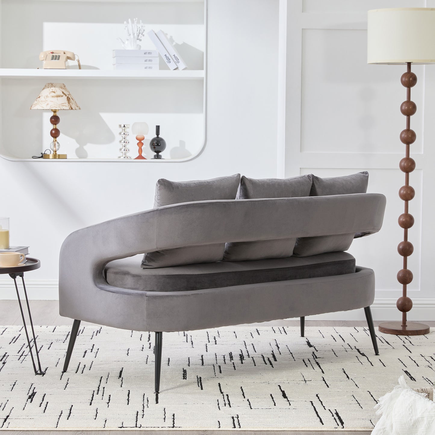 53.7 Modern Upholstered Velvet Open Back Loveseat Settee With 3 Pillows, Small Comfy Sofa 2-Seater Mini Sofa For Small Space With Metal Legs, Living Room Bedroom Office Dorm Studio Apartment Charcoal