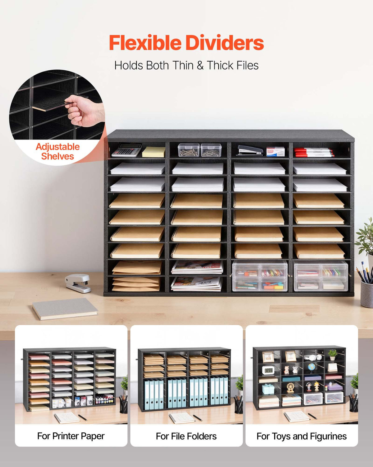 Literature Organizer, 36 Compartments Office Mailbox With Detachable Shelves, Wooden Mailbox Sorter With Particle Board, Countertop Office Home Storage Organizer For File, Document, Paper, Black