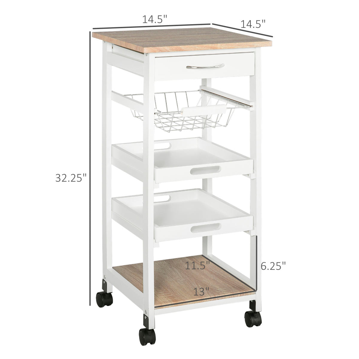 Mobile Kitchen Cart, Rolling Kitchen Island with Storage, Solid Wood Frame Utility Cart with Wire Fruit Baskets, Trays and Drawer, White