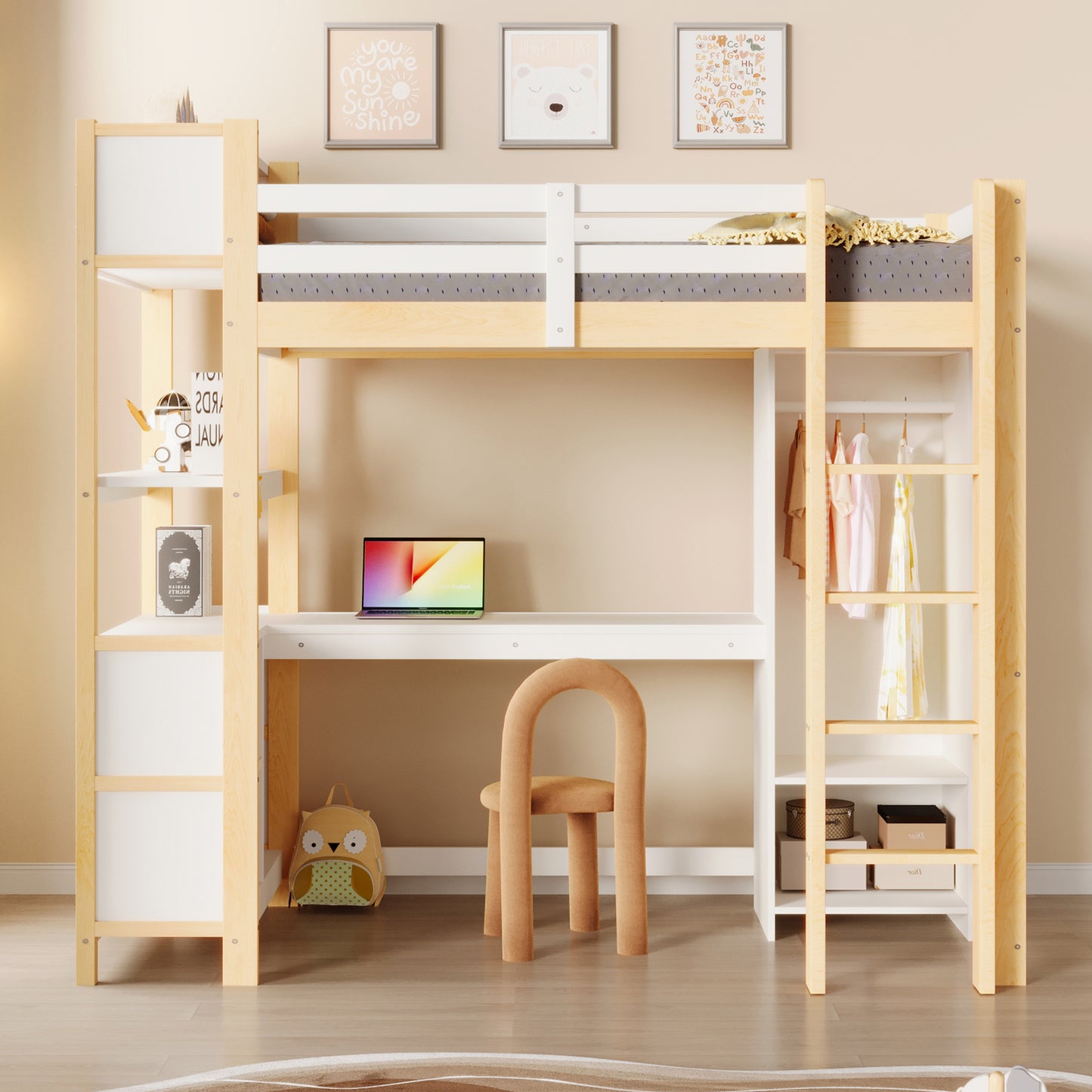 Loft Bed, 90x200 Cm, Shelves, Several Storage Compartments, Desk, Wardrobe, Without Mattress, Natural