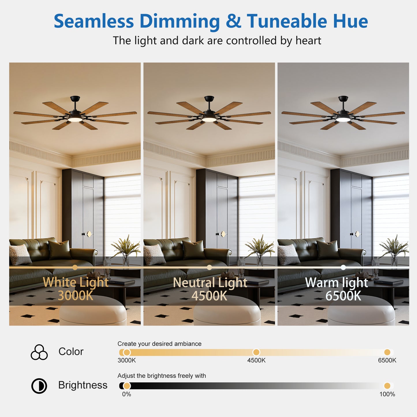 72-Inch 8-Blade Large Ceiling Fan,Reversible Quiet DC Motor,Indoor Outdoor Modern Ceiling Fan,Suitable For Kitchen,Living Room And Terrace,Black.