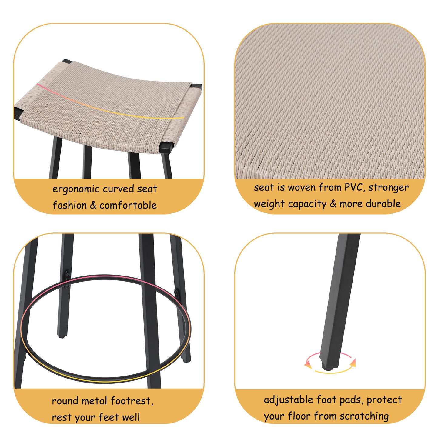 Counter Height Bar Stools Backless Handwoven Kitchen Dining Chairs With Round Footrest Set Of 2 PVC Weaving Pub Stool For Indoor & Outdoor Black & Creamy White