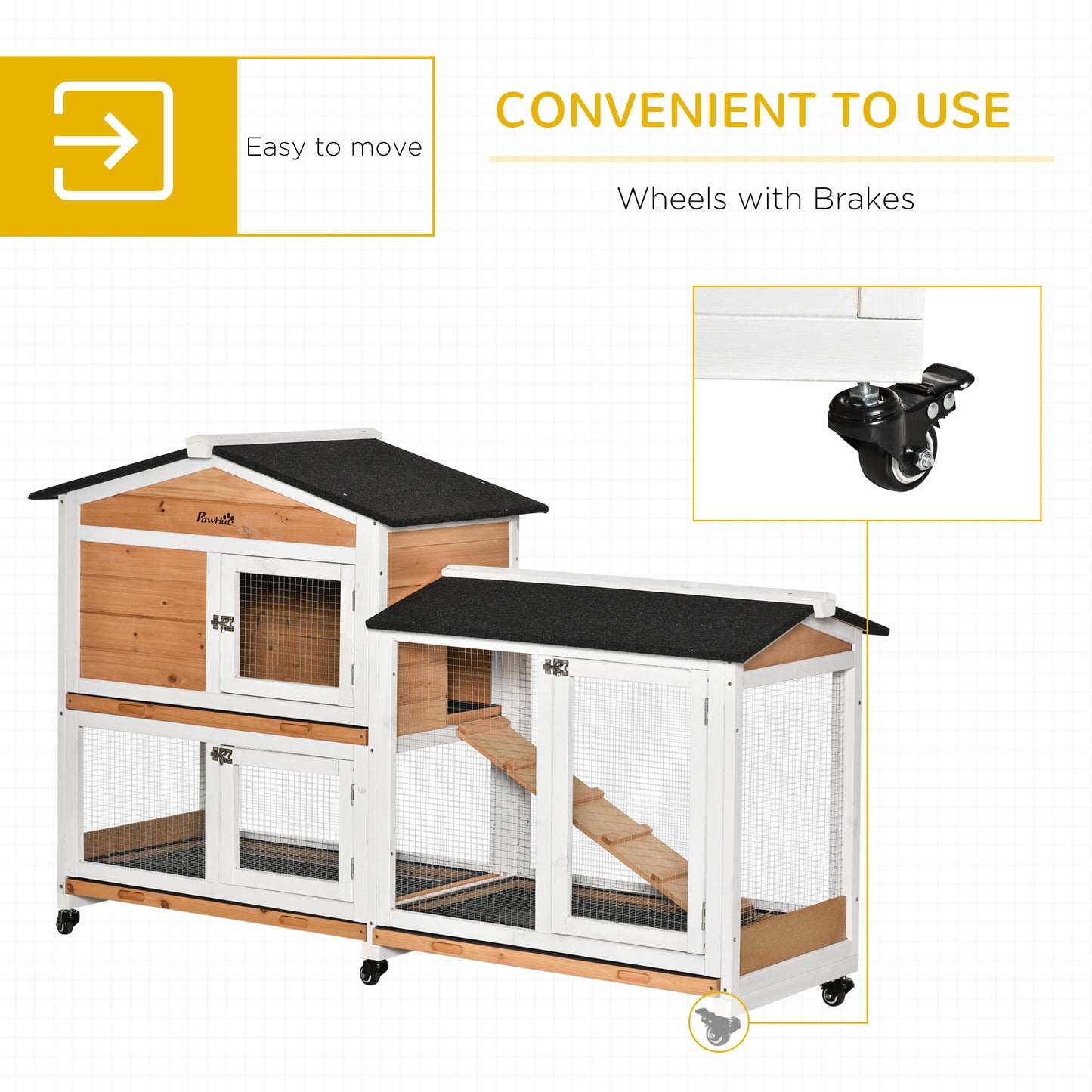 62" Wooden Mobile Rabbit Hutch With Wheels, Run Box, Slide-out Tray, Ramp, Yellow
