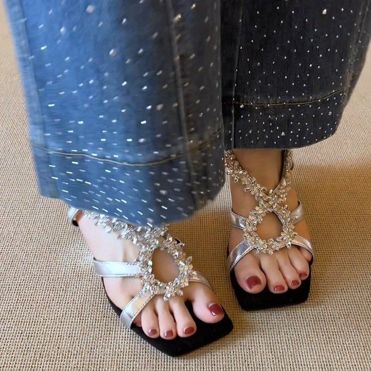Stunning Rhinestone Cross Ankle Strap Fashion Elegant Square Toe Comfy Irregular Wedge Open-toe Sandals