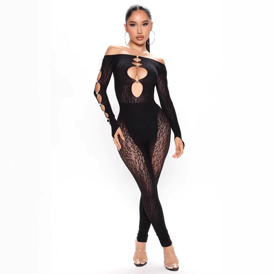 Womens Leopard-Print Off-Shoulder High-Waist Tight Plus-Size Yoga Pants Seamless Jumpsuit For Women