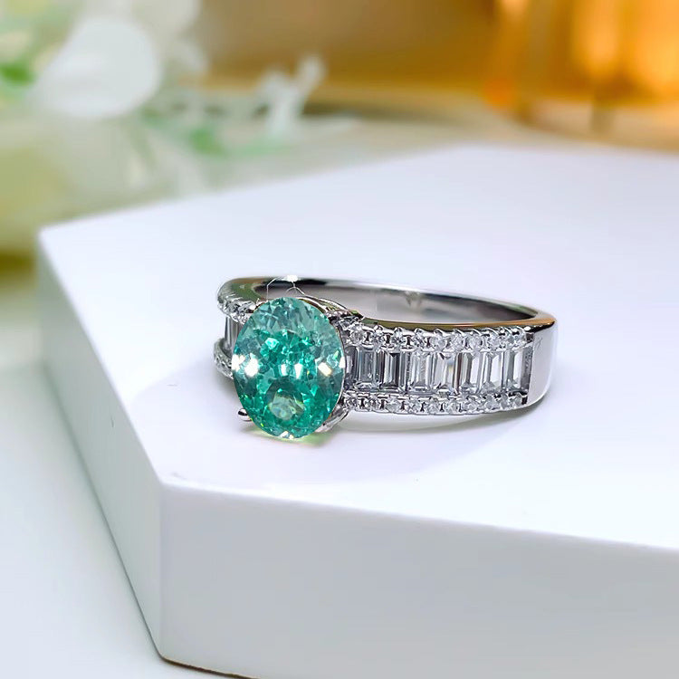 Fashion Light Luxury Oval Ice Flower Cut Paraiba Tourmaline Ring For Women, Inlaid High Carbon Diamond, Simple Elegant Daily Versatile Finger Jewelry