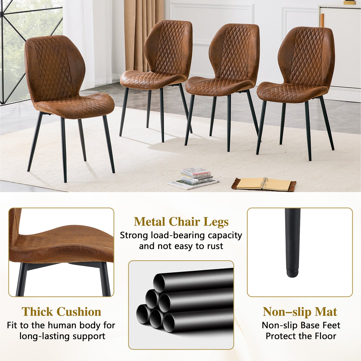 4-piece Set Of Modern Luxury Brown Quilted Technology Fabric Dining Chairs With Black Metal Legs - Suitable For Home Restaurants, Commercial Cafes, And Multiple Scenarios.
