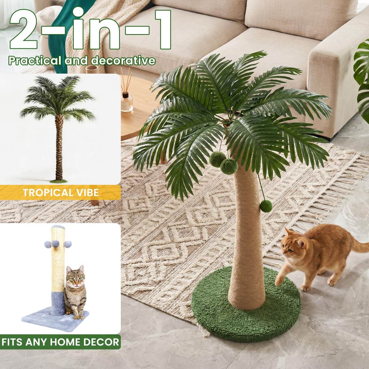 43 Inch Tall Cat Scratching Post For Indoor Large Cats, Natural Sisal Scratch Post With Hanging Toys, Stable Base Cat Scratcher For Kittens & Cats, Tropical Cat Tree Furniture