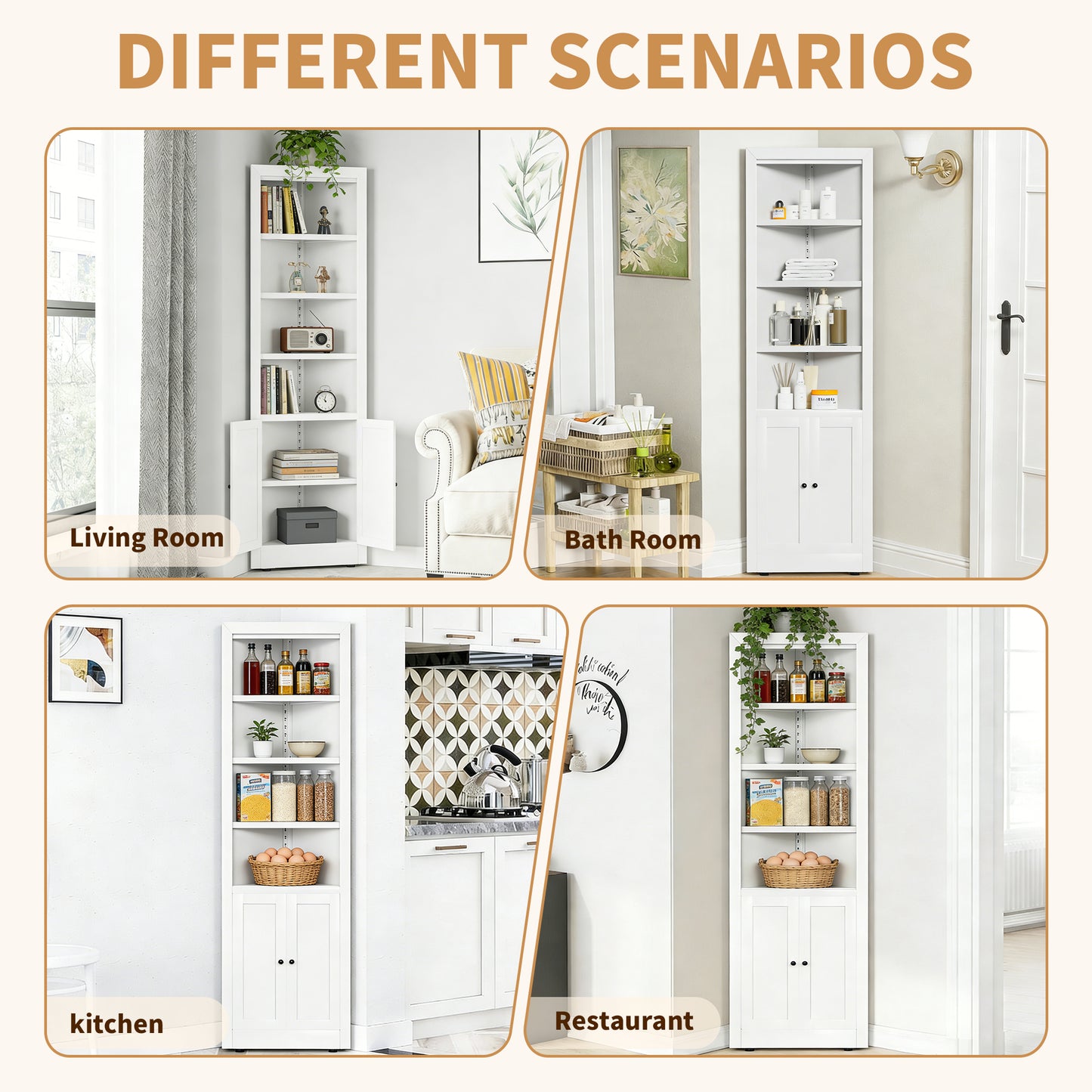 71 Tall Corner Storage Cabinet With 2 Doors, 5-Tier Metal Cabinet With Adjustable Shelves, Freestanding Kitchen Storage For Pantry, Living Room, Bathroom, Laundry Room, Space Saving Furniture, White