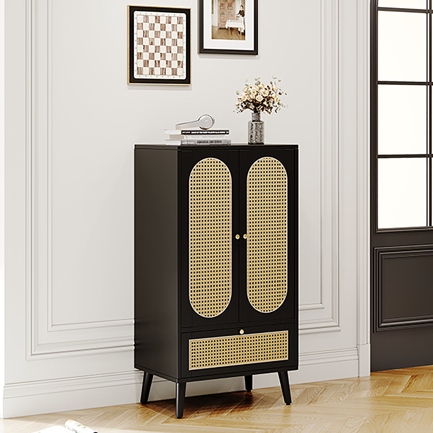 Compact Sideboard 1.1m, Rattan Design, Black, 2 Doors, 1 Drawer, Highboard, Dining Room Cabinet, Bookshelf - Versatile Storage Solutions