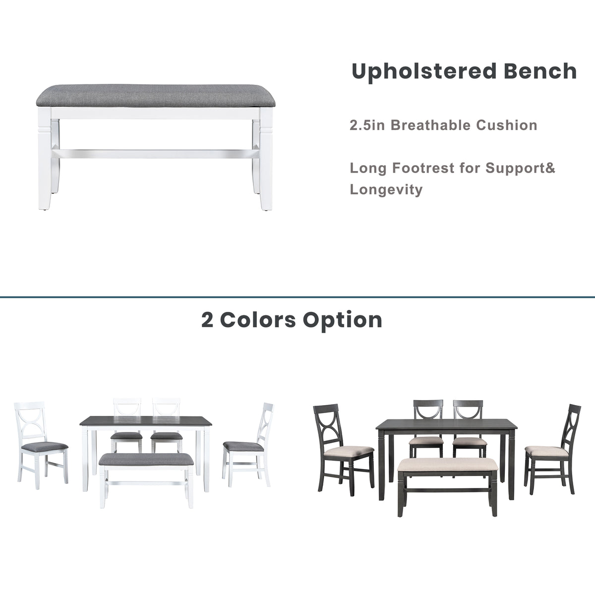 TOPMAx 6- Piece Wood Dining Table Set Kitchen Table Set With Upholstered Bench And 4 Dining Chairs Farmhouse Style Gray White