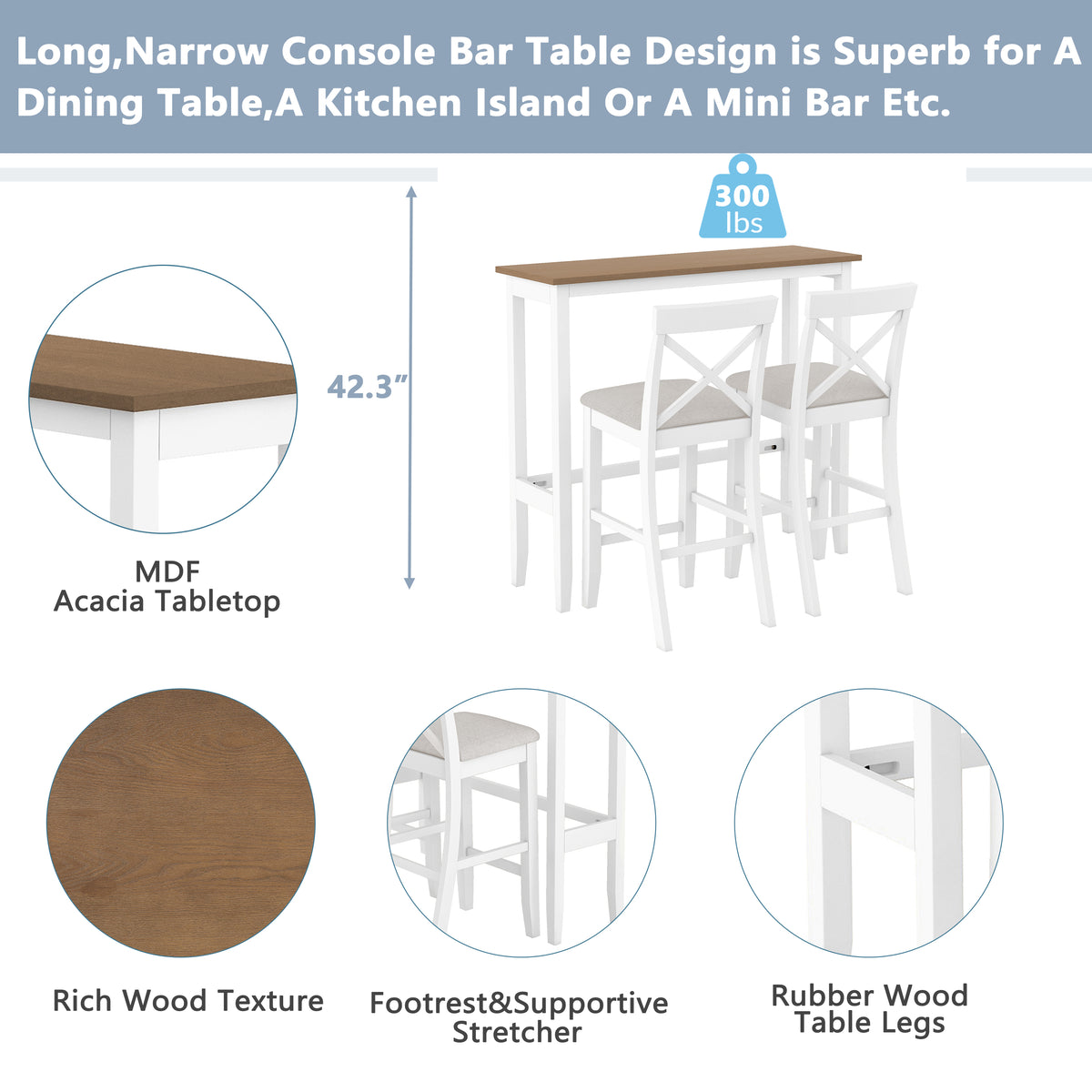 TOPMAX Farmhouse 48 Rectangular Wood Bar Height Dining Set Kitchen Breakfast Nook With 2 Chairs For Small Places,Brown White Beige