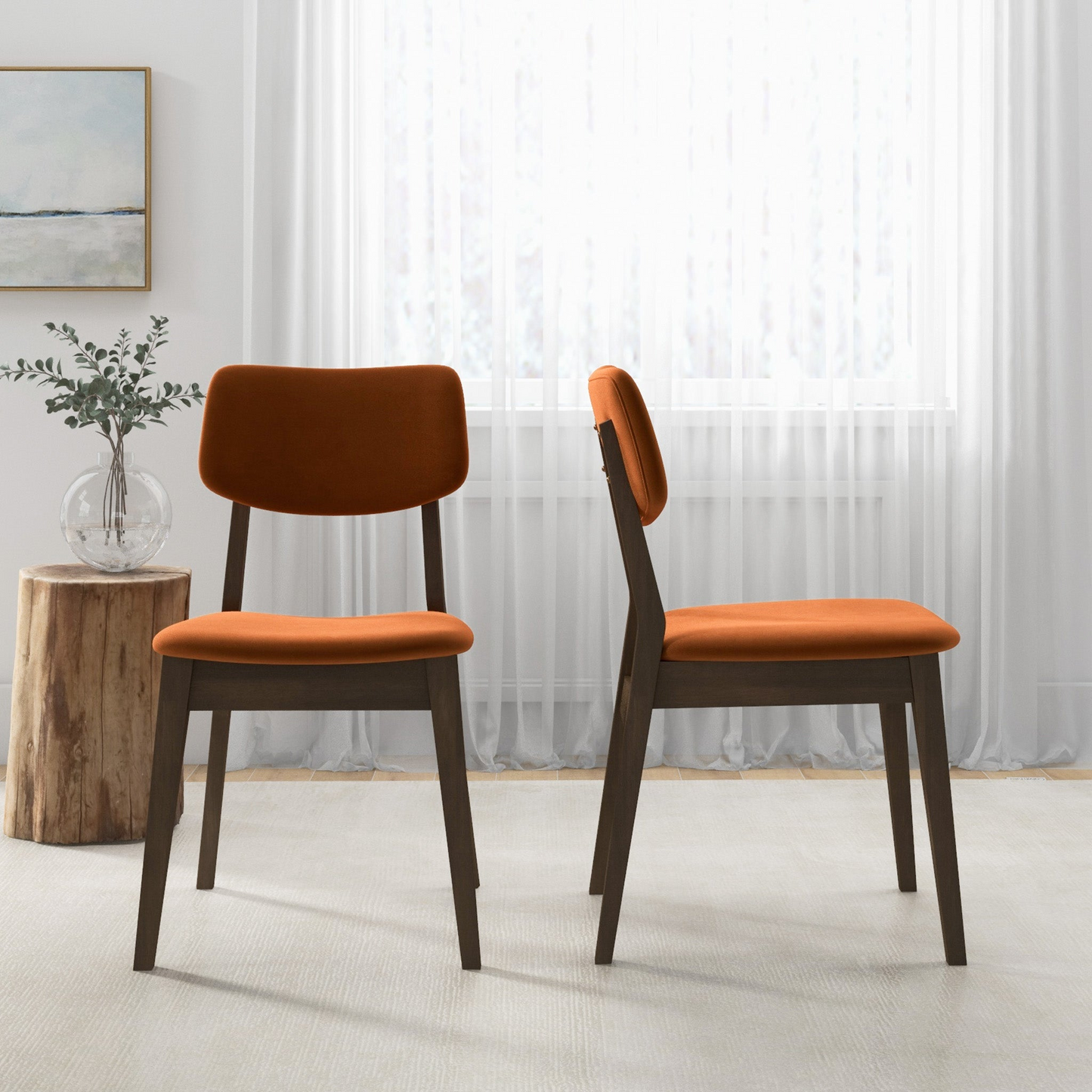 Carlos Mid-Century Modern Burnt Orange Velvet Solid Back Side Chair Set Of 2 , Solid Wood, 32.3 H X 20.9 W X 19.3 D Fabric Upholstered Kitchen Side Chairs