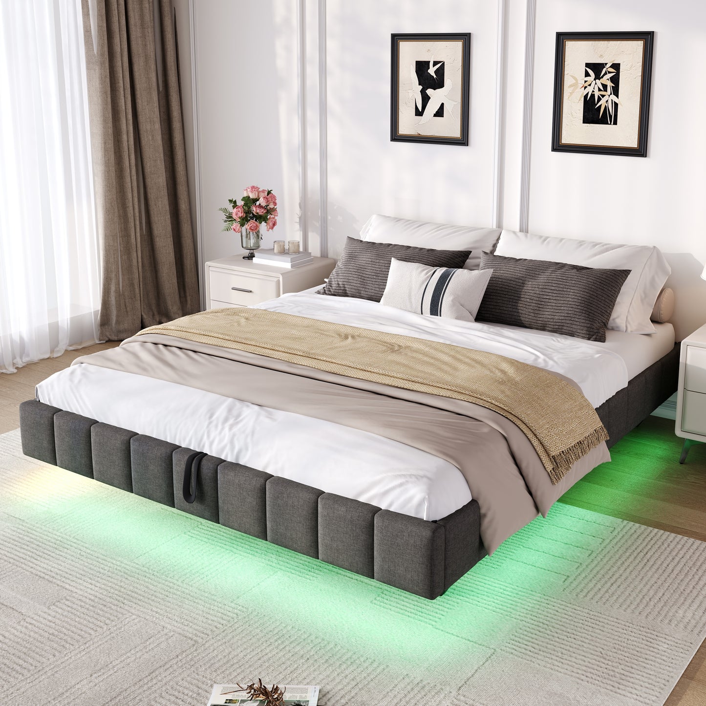4ft6 Double Floating Bed Frame With Hydraulic Under-bed Storage & Smart RGB LED Lights, No Headboard Upholstered Bed With Concealed Anti-Collision Leg, Linen Fabric, Grey No Mattress