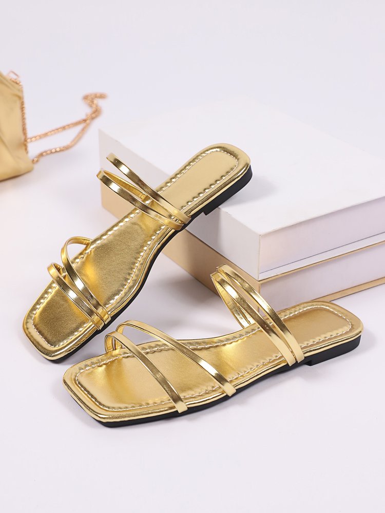 High-end Summer New Women's Simple Thin Straps Square Toe Solid Color Flat Sole Outdoor Slippers