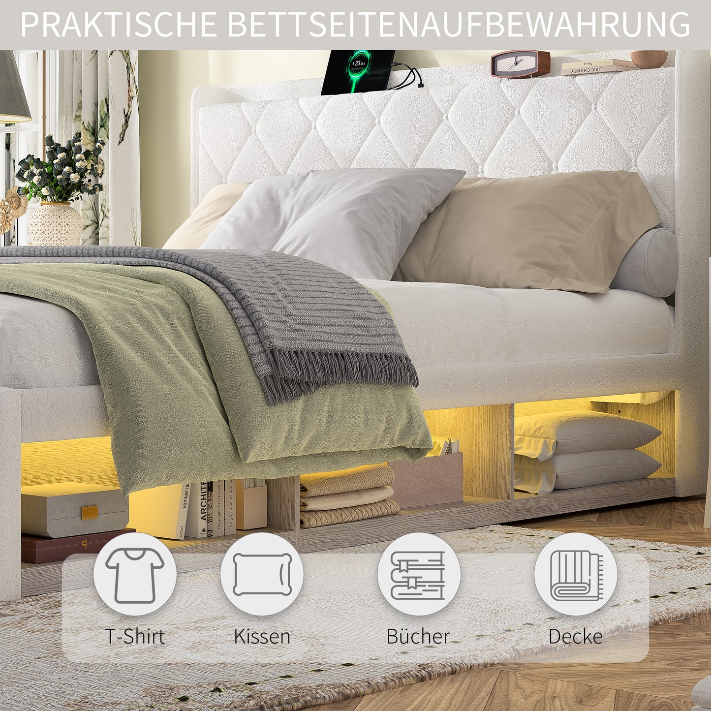 140 X 200 Cm Upholstered Bed, White Plush Fabric, Double Bed With USB Charging Function, Equipped With LED Light Strip, With 6 Practical Drawers, Load Capacity 800 Lbs, Without Mattress