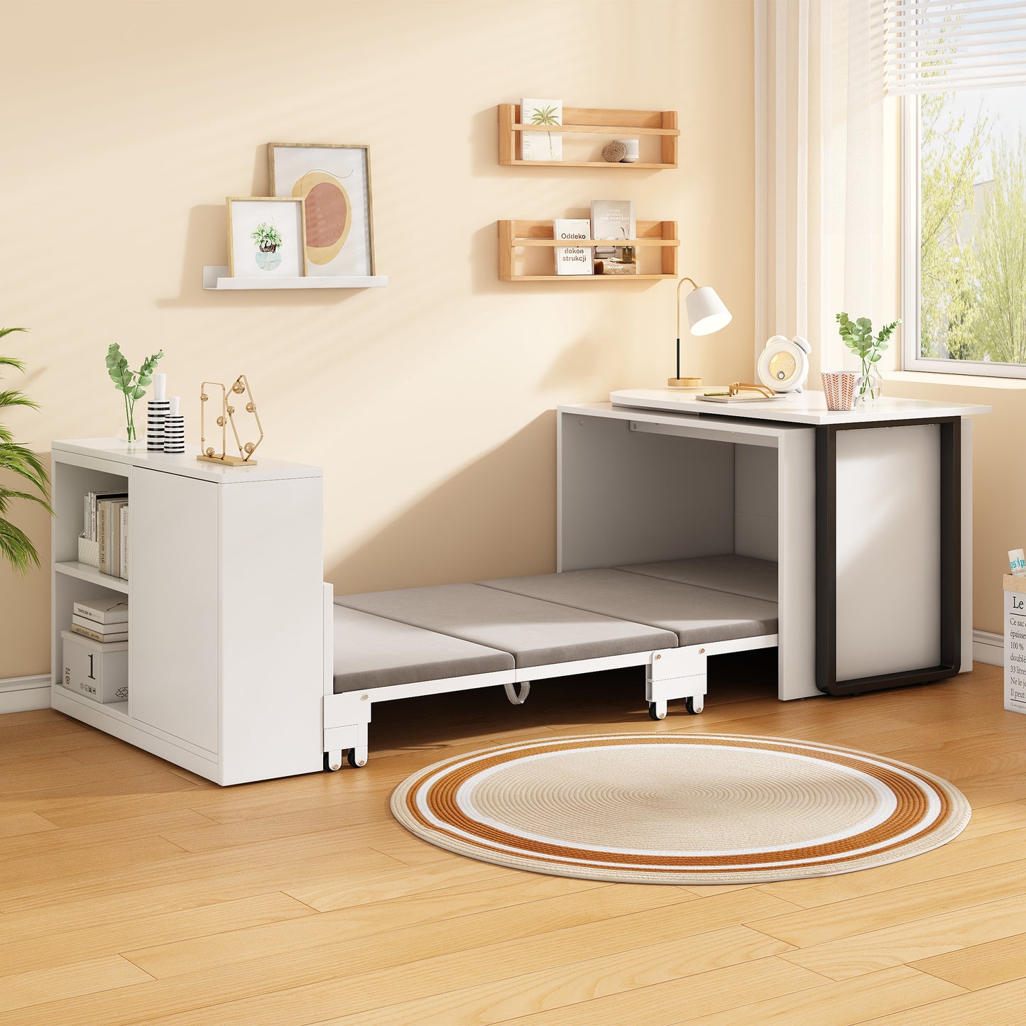 This 2-in-1 Desk And Folding Bed Feature A Metal Bed Frame And Legs, A 4cm Thick Mattress, Castors, A Single Cabinet With Two Storage Compartments And Are White.