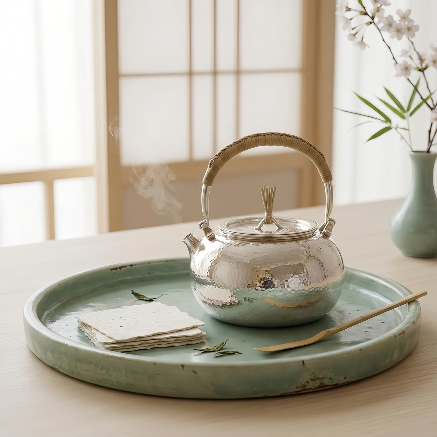 925 Sterling Silver Artisan Crafted Hammered Silver Tea Kettle with Traditional Woven Rattan Handle - Handicraft