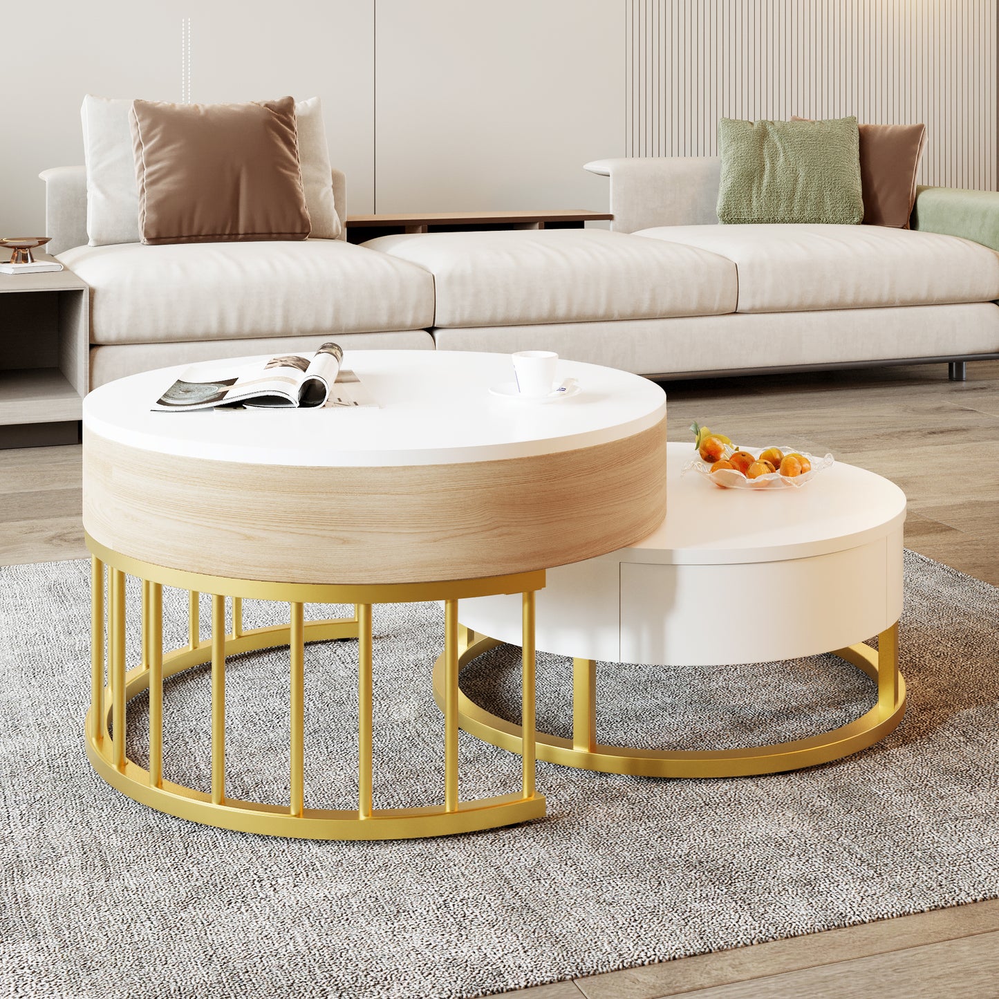 Combination Of Large And Small Round Coffee Table, Height-adjustable Table Top, Drawer, Golden Metal Frame, White Combined With Wood Effect, MDF Body, Multifunctional Living Room Table