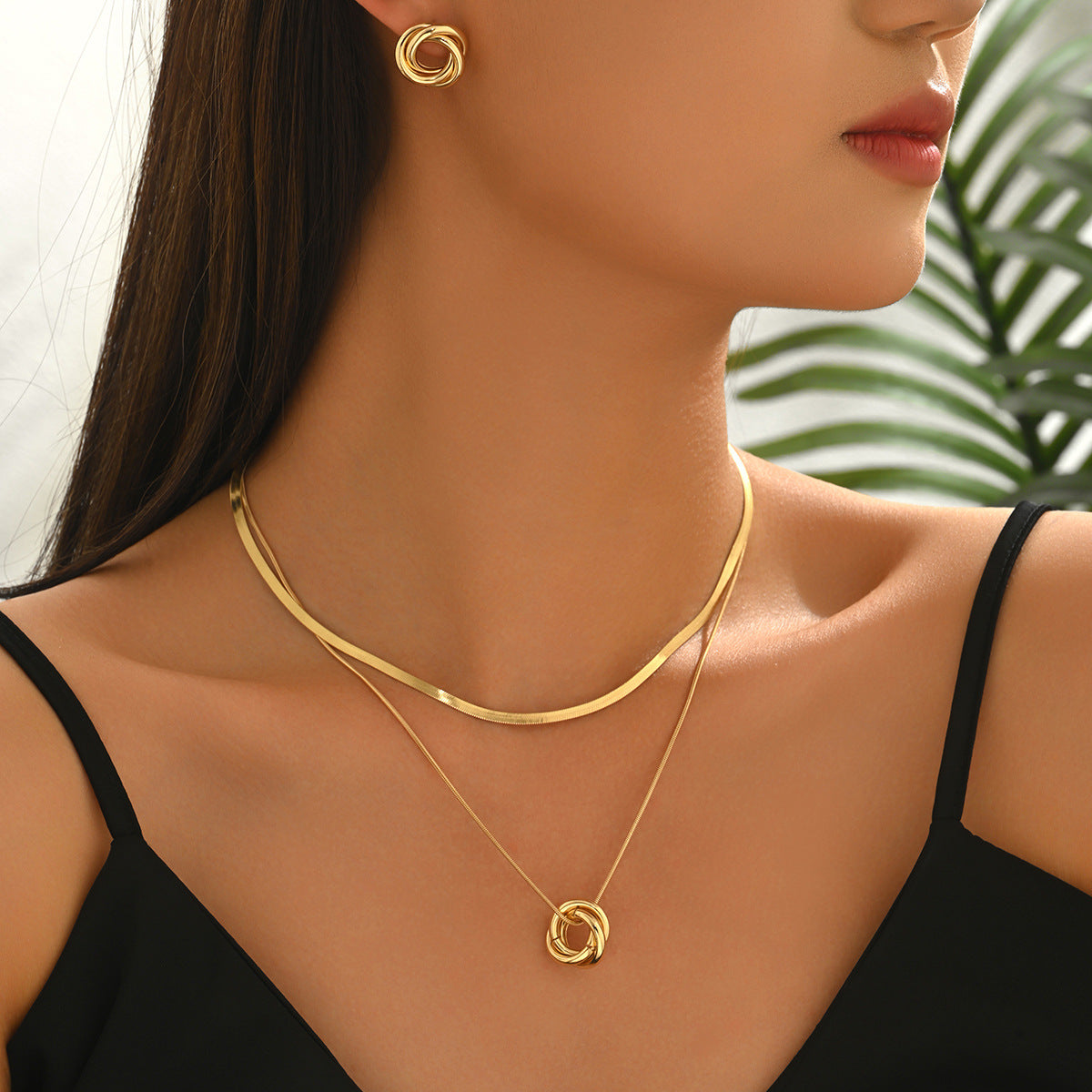 Cross-border European American Women Jewelry Set, Geometric Intertwined Ring Multi-layer Necklace & Matching Earrings, Niche Versatile Fashion Accessories For Ladies
