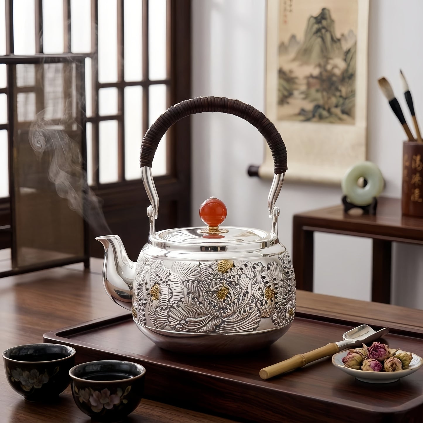 925 Sterling Silver Handcrafted Silver Tea Kettle with Intricate Floral Engravings and Red Gemstone Finial - Handicraft