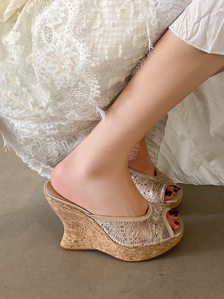 High Heels, Thick Soled Sandals, Women's Summer New Fashion, Lace Mesh, Hollowed Out, One-piece Slippers For External Wear