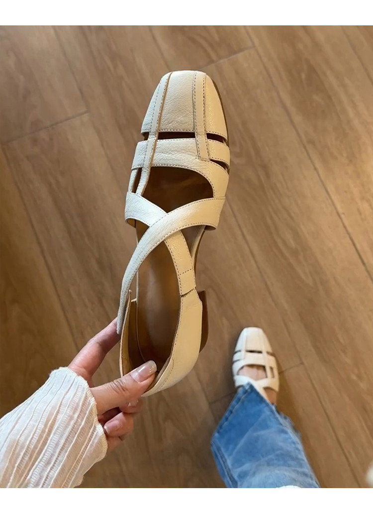 Women French Hollow Cross Strap Breathable Closed Toe Sandals, Slip On Block Heel Roman Sandals For Outdoor Wear, New Arrival Summer 2026
