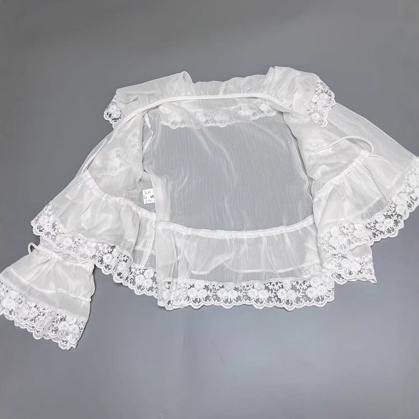 Sweet Beauty Summer Ruffles Lace Stitching Large Lapel Short Waist