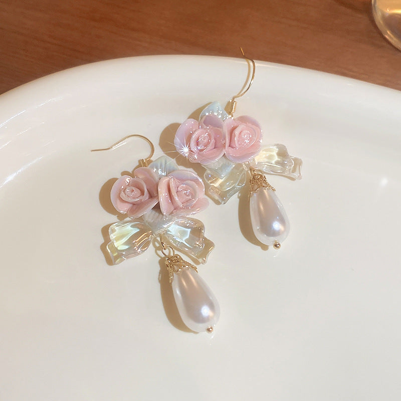 Ceramic Flower Water Drop Pearl Ear Hook Sweet Beauty
