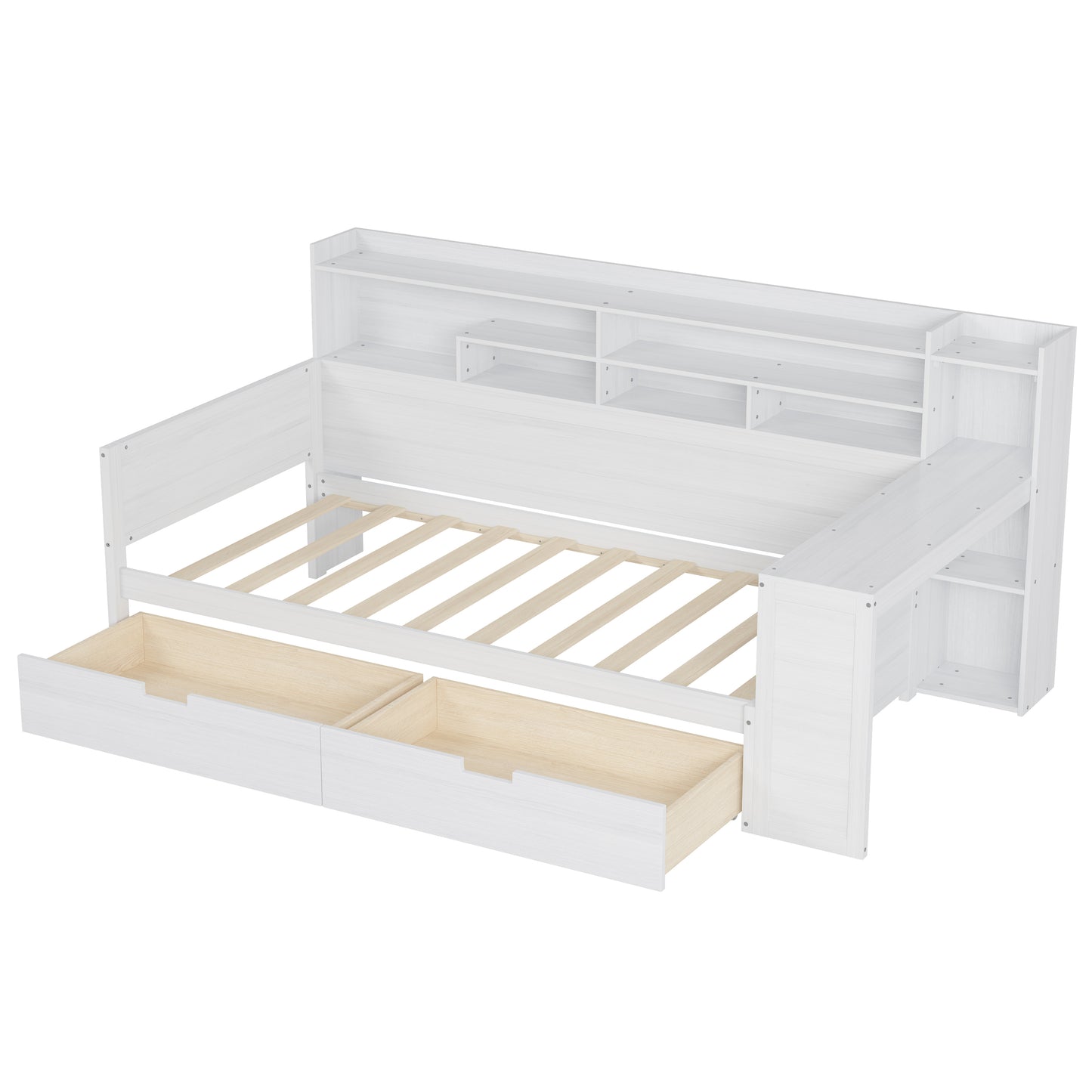 Wooden Twin Size Daybed With Storage Shelves, Multi-functional Bed With Two Storage Drawers And Study Desk, Antique White